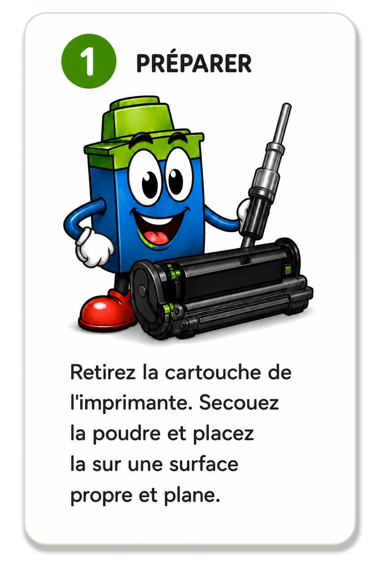 Etape 1 : retirer la cartouche toner, secouer la poudre et travailler sur une surface propre.