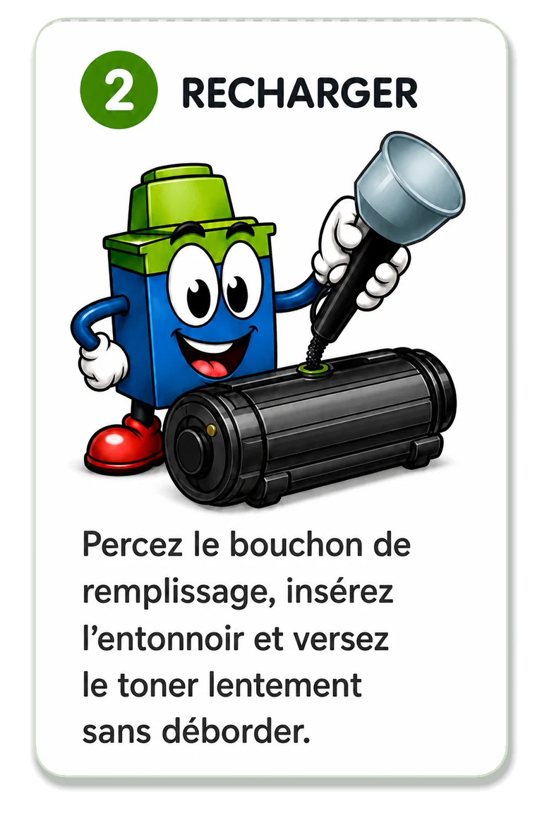 Etape 2 : percer le bouchon de remplissage, inserer l'entonnoir et verser le toner lentement.