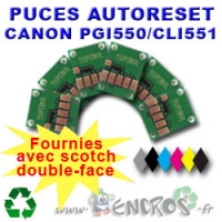 Lot de 6 Puces Auto-Reset CANON COULEURS+NOIR CLI551/PGI550