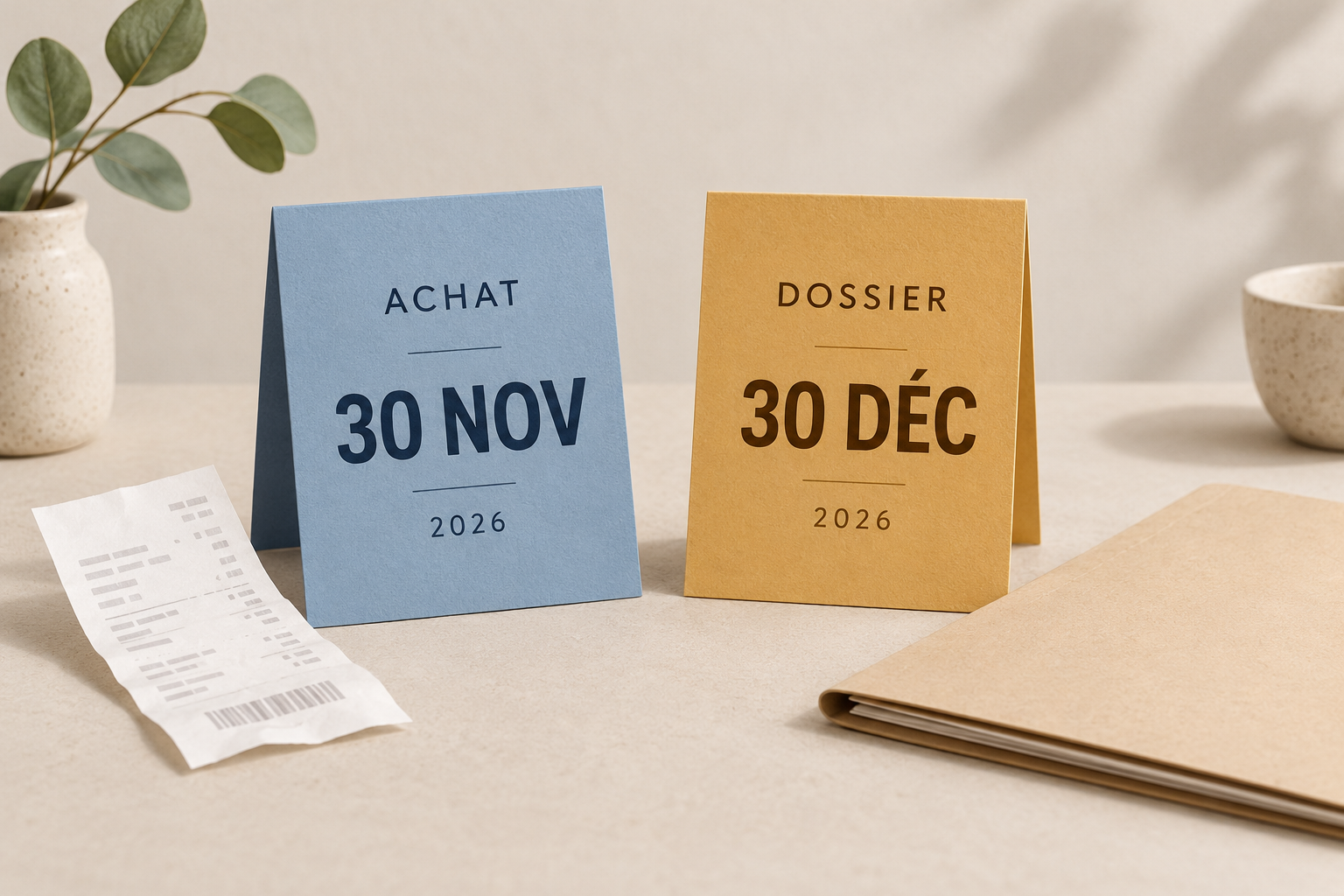 Deux calendriers conceptuels distinguent achat avant le 30 novembre et dossier avant le 30 décembre 2026