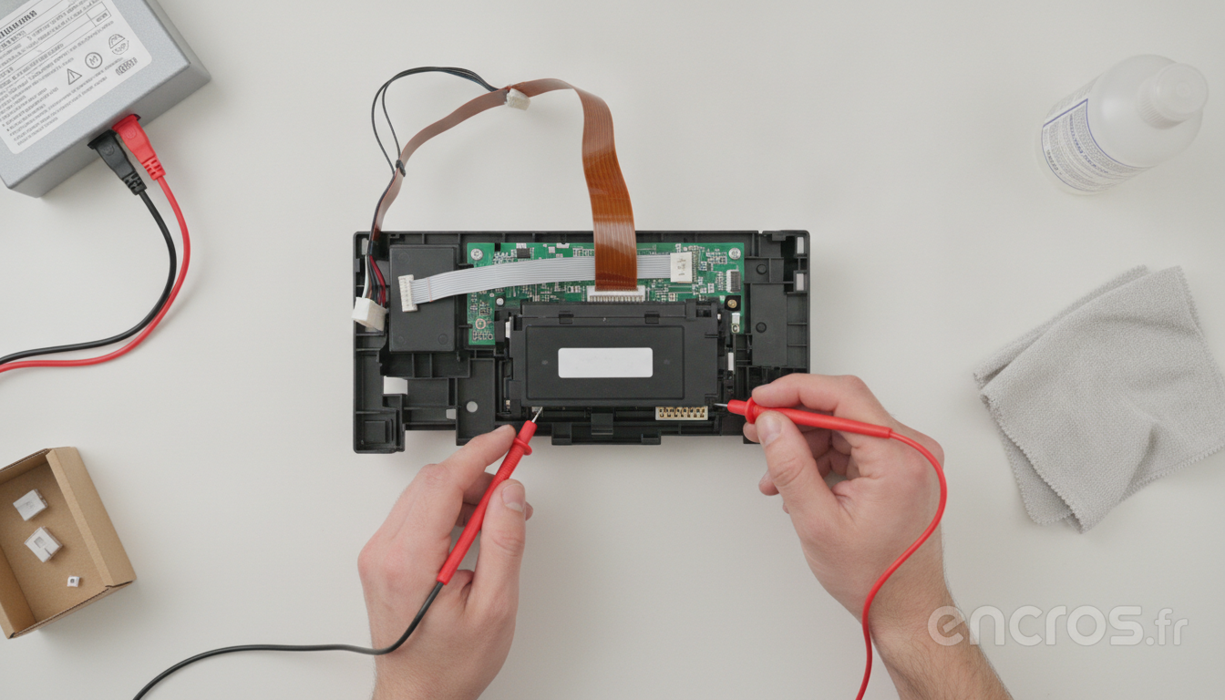Banc de test avec alimentation programmable, multimètre et cartouche connectée par des fils.