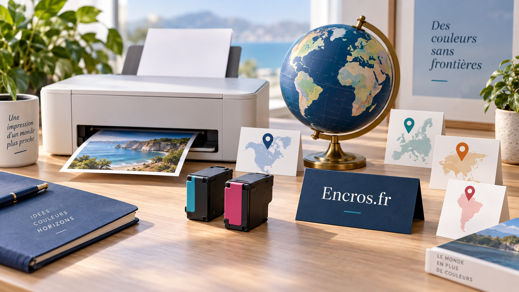 Scène conceptuelle Encros.fr associant imprimante générique, globe et repères géographiques