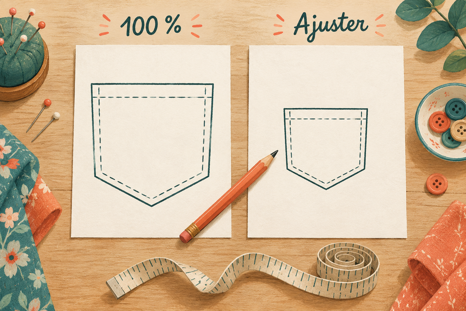 Illustration de deux feuilles de même taille portant des patrons de poche de tailles différentes