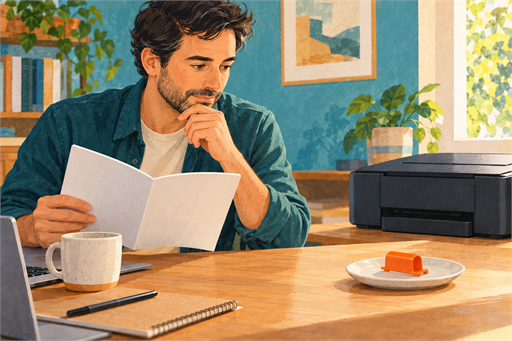 Illustration d’un lecteur consultant une notice près d’une imprimante imaginaire et d’une petite pièce orange isolée