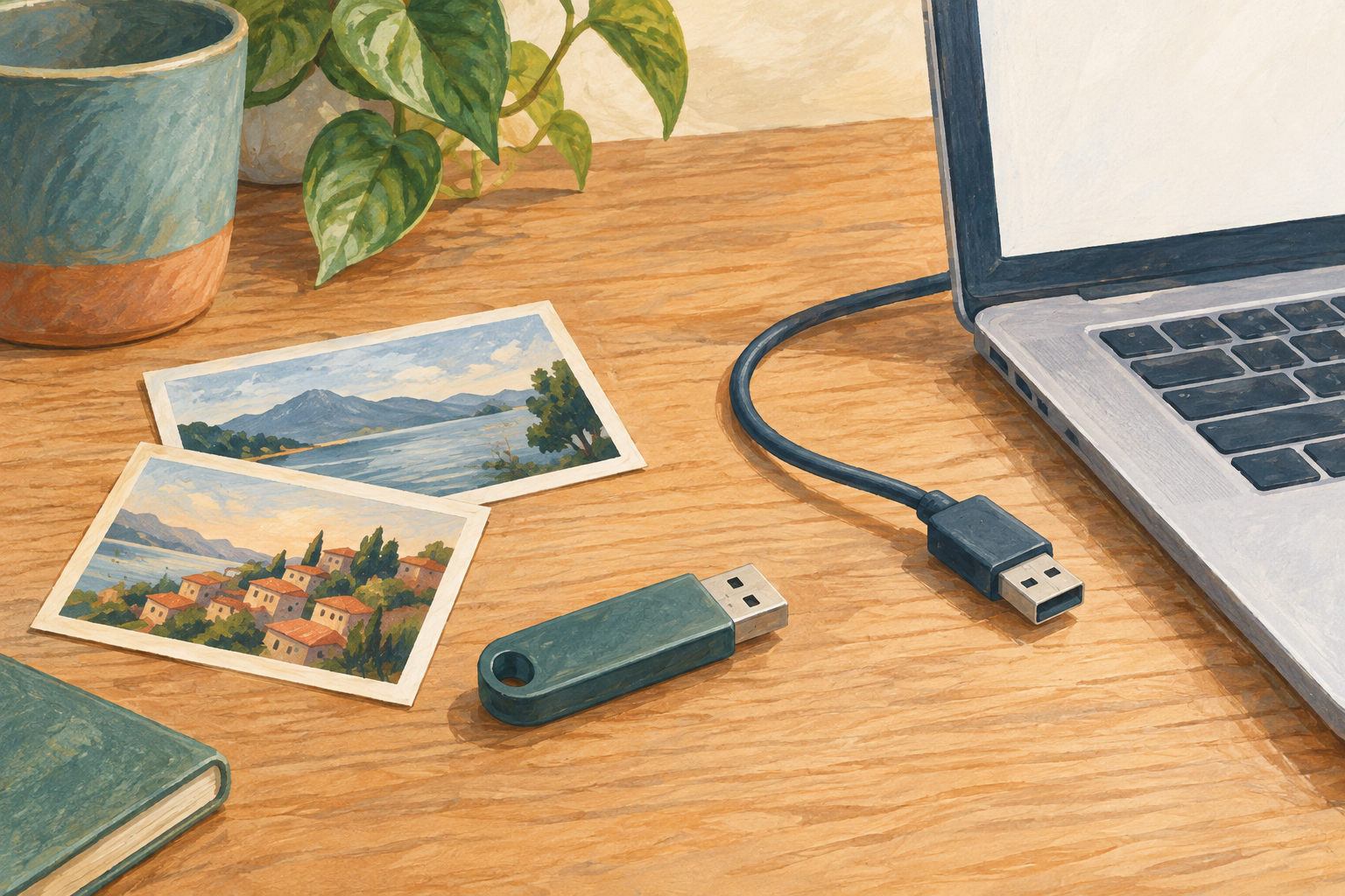 Illustration conceptuelle avec une clé USB, deux photos et un câble débranché près du portable